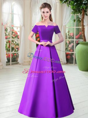 Belt Prom Dresses Purple Lace Up Short Sleeves Floor Length