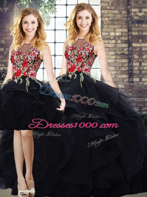 Sexy Black Tulle Lace Up Bateau Sleeveless Floor Length Sweet 16 Dress Beading and Embroidery