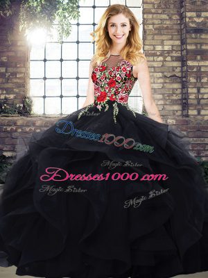 Customized Embroidery and Ruffles Quinceanera Dresses Black Zipper Sleeveless Floor Length