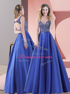 Fine Sweep Train A-line Prom Dress Blue Straps Satin Sleeveless Floor Length Backless