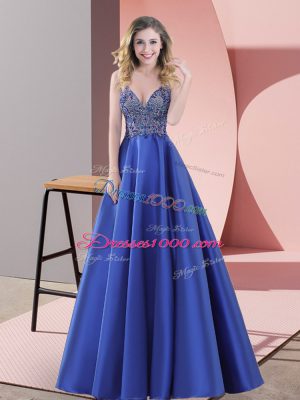 Fine Sweep Train A-line Prom Dress Blue Straps Satin Sleeveless Floor Length Backless