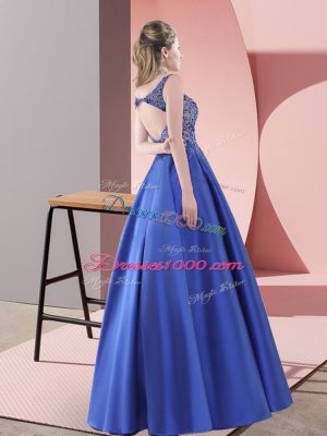 Fine Sweep Train A-line Prom Dress Blue Straps Satin Sleeveless Floor Length Backless