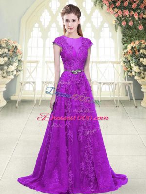 Beauteous Purple Cap Sleeves Sweep Train Lace and Appliques and Pick Ups Prom Dresses