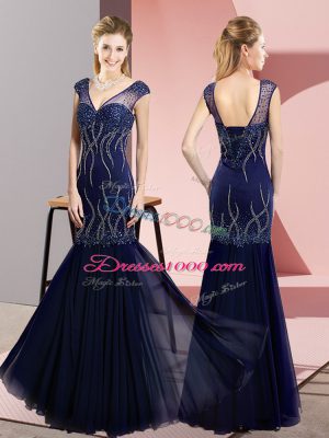 Super Sleeveless Chiffon Floor Length Lace Up Dress for Prom in Navy Blue with Beading