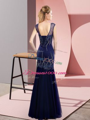 Super Sleeveless Chiffon Floor Length Lace Up Dress for Prom in Navy Blue with Beading