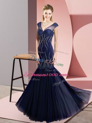 Super Sleeveless Chiffon Floor Length Lace Up Dress for Prom in Navy Blue with Beading