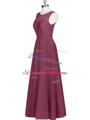 Scoop Sleeveless Prom Gown Floor Length Ruching Burgundy Chiffon