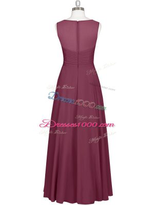 Scoop Sleeveless Prom Gown Floor Length Ruching Burgundy Chiffon