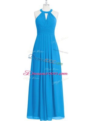 Blue Zipper Prom Dress Ruching Sleeveless Floor Length