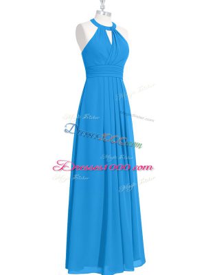 Blue Zipper Prom Dress Ruching Sleeveless Floor Length