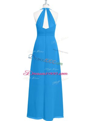 Blue Zipper Prom Dress Ruching Sleeveless Floor Length