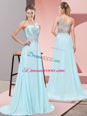 Beading Prom Evening Gown Baby Blue Side Zipper Sleeveless Sweep Train
