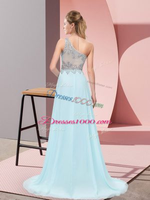 Beading Prom Evening Gown Baby Blue Side Zipper Sleeveless Sweep Train