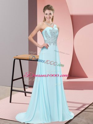 Beading Prom Evening Gown Baby Blue Side Zipper Sleeveless Sweep Train