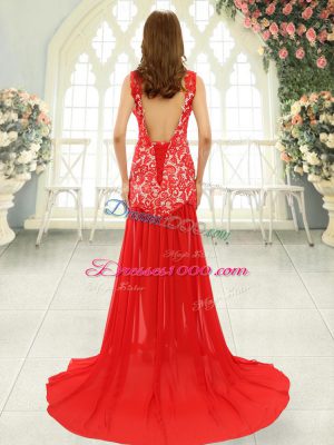 Chiffon Scoop Sleeveless Brush Train Backless Lace Prom Dress in Turquoise