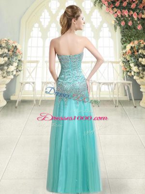 Blue Tulle Zipper Sweetheart Sleeveless Floor Length Evening Dresses Beading