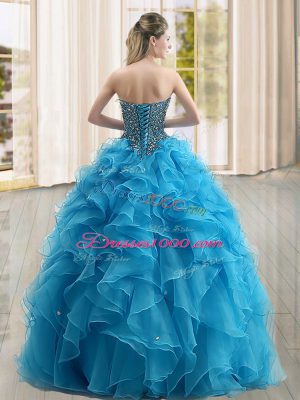 Coral Red Ball Gowns Beading and Ruffles Sweet 16 Dresses Lace Up Organza Sleeveless Floor Length