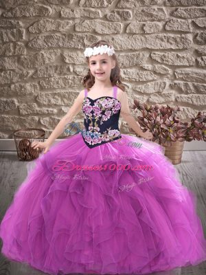 Purple Straps Neckline Embroidery and Ruffles Pageant Gowns Sleeveless Lace Up