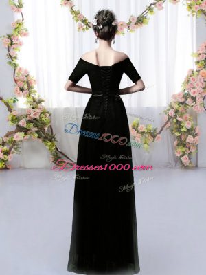 Black Short Sleeves Floor Length Ruching Lace Up Wedding Party Dress