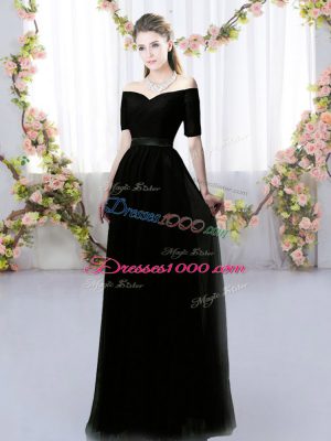 Black Short Sleeves Floor Length Ruching Lace Up Wedding Party Dress