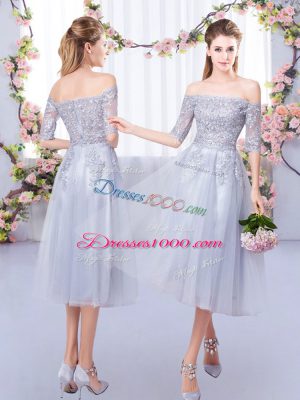 Designer Grey Off The Shoulder Zipper Lace Bridesmaid Dress Half Sleeves