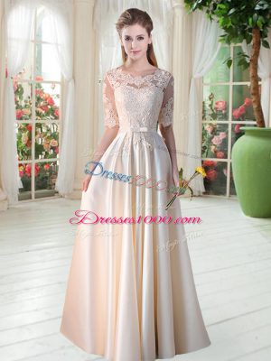 Captivating Half Sleeves Satin Floor Length Lace Up Prom Gown in Champagne with Lace