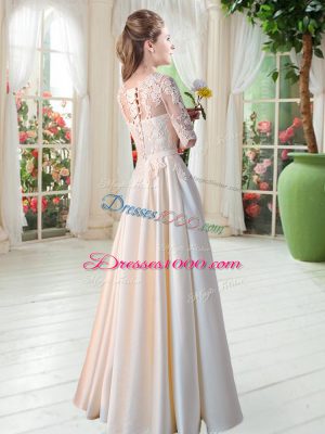 Captivating Half Sleeves Satin Floor Length Lace Up Prom Gown in Champagne with Lace