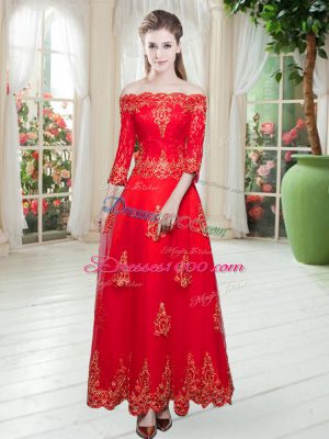 Trendy Red Prom Dress Prom and Party and Wedding Party with Lace and Appliques Off The Shoulder 3 4 Length Sleeve