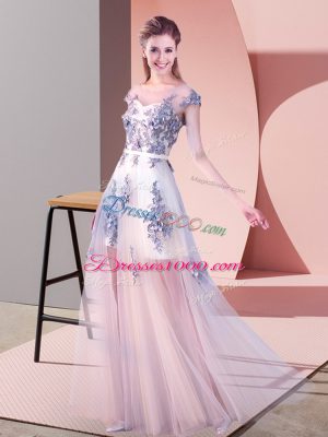 Pink Empire Appliques Homecoming Dress Lace Up Tulle Cap Sleeves Floor Length