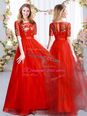 Comfortable Red Zipper Quinceanera Dama Dress Appliques Short Sleeves Floor Length