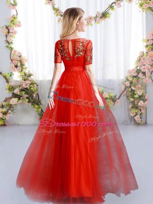 Comfortable Red Zipper Quinceanera Dama Dress Appliques Short Sleeves Floor Length