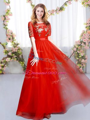 Comfortable Red Zipper Quinceanera Dama Dress Appliques Short Sleeves Floor Length