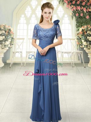 Decent Blue Scoop Neckline Beading and Ruching Evening Dress Short Sleeves Zipper