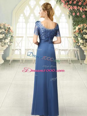 Decent Blue Scoop Neckline Beading and Ruching Evening Dress Short Sleeves Zipper