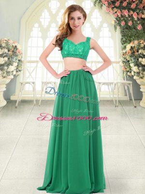Green Two Pieces Beading and Lace Evening Dress Zipper Chiffon Sleeveless Floor Length