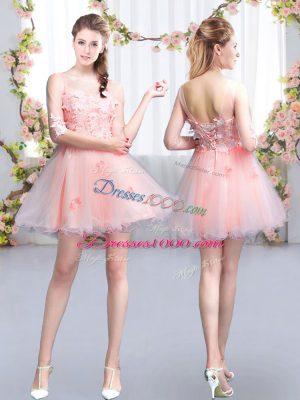 Latest Mini Length Pink Dama Dress for Quinceanera Tulle Half Sleeves Appliques