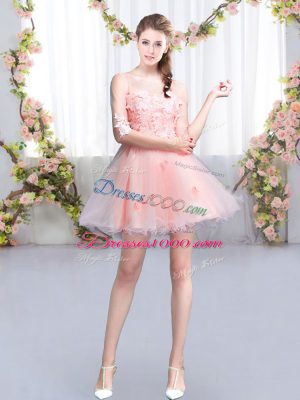 Latest Mini Length Pink Dama Dress for Quinceanera Tulle Half Sleeves Appliques