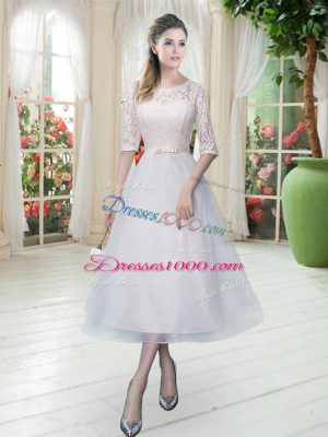 Low Price Tea Length White Prom Evening Gown Tulle Half Sleeves Lace