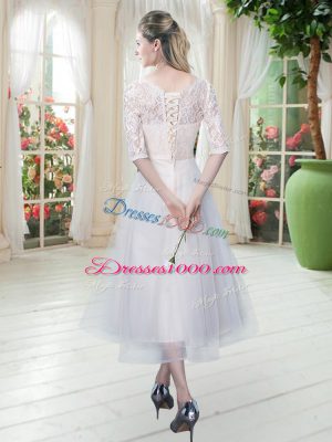 Low Price Tea Length White Prom Evening Gown Tulle Half Sleeves Lace