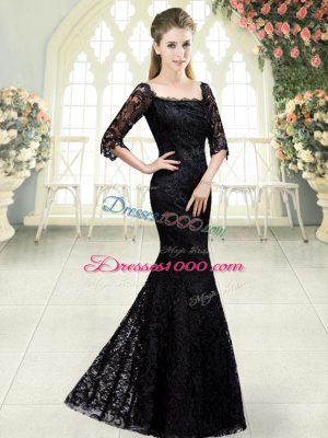 Black Lace Up Prom Gown Beading and Lace Half Sleeves Sweep Train