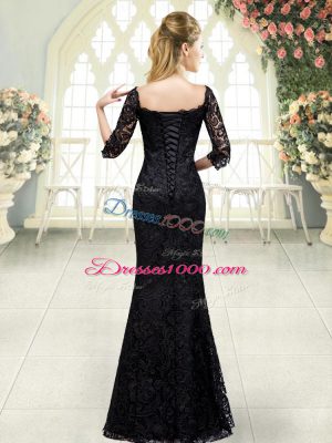 Black Lace Up Prom Gown Beading and Lace Half Sleeves Sweep Train