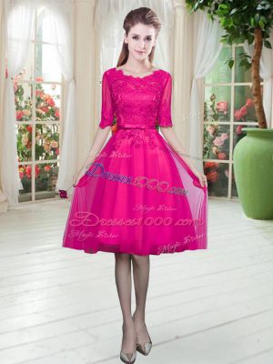 Sumptuous Scoop Half Sleeves Prom Party Dress Knee Length Lace Fuchsia Tulle