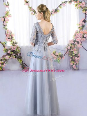Grey Quinceanera Court Dresses Prom and Party and Wedding Party with Lace Scoop Half Sleeves Lace Up