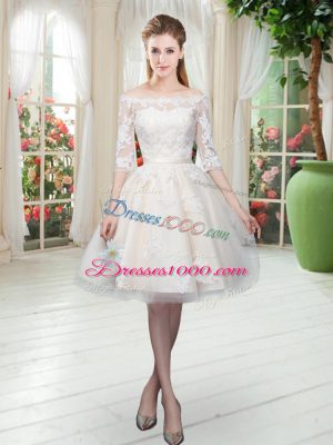 Most Popular Off The Shoulder Half Sleeves Party Dress Knee Length Lace Champagne Tulle