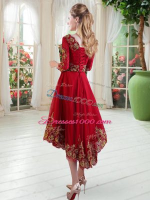 High Quality High Low Red Prom Dress Scoop Long Sleeves Lace Up