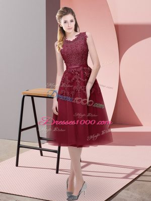 Burgundy Tulle Lace Up V-neck Sleeveless Tea Length Prom Gown Beading and Lace and Appliques