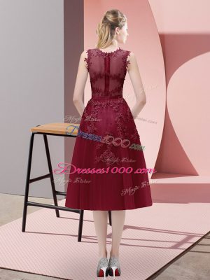 Burgundy Tulle Lace Up V-neck Sleeveless Tea Length Prom Gown Beading and Lace and Appliques