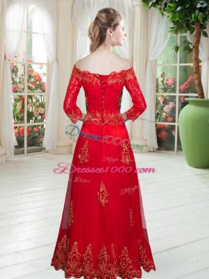 Deluxe Fuchsia Lace Up Off The Shoulder Lace and Appliques Prom Dress Tulle 3 4 Length Sleeve