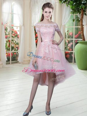 Modest Baby Pink Half Sleeves Tulle Lace Up Prom Evening Gown for Prom and Party and Military Ball