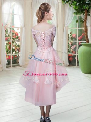 Modest Baby Pink Half Sleeves Tulle Lace Up Prom Evening Gown for Prom and Party and Military Ball